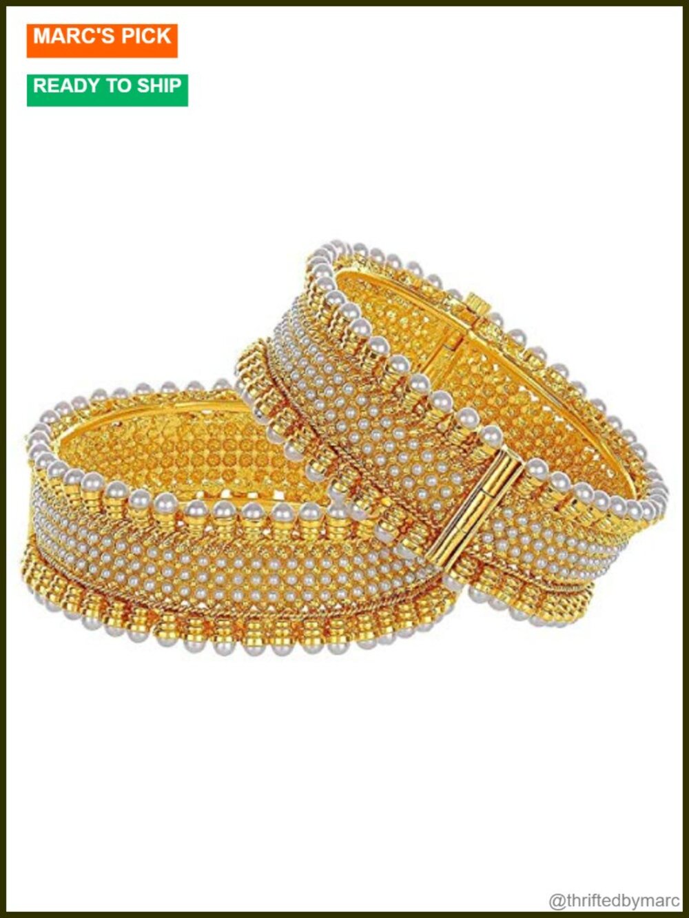 Faux Pearl Bollywood Cuff Bracelet Bangle Set Gold Plated